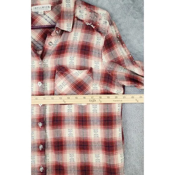 Idyll Wind Shirt Womens Large Red Cream Plaid Flannel Beaded Fringed Western Top - Picture 4 of 14